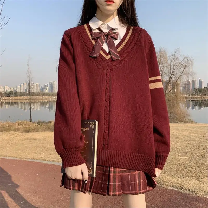 Women's Autumn/Winter Fashion V-neck Screw Thread Color Block Korean Versatile Long Sleeve Loose Sweater Knitted Skirt Suit