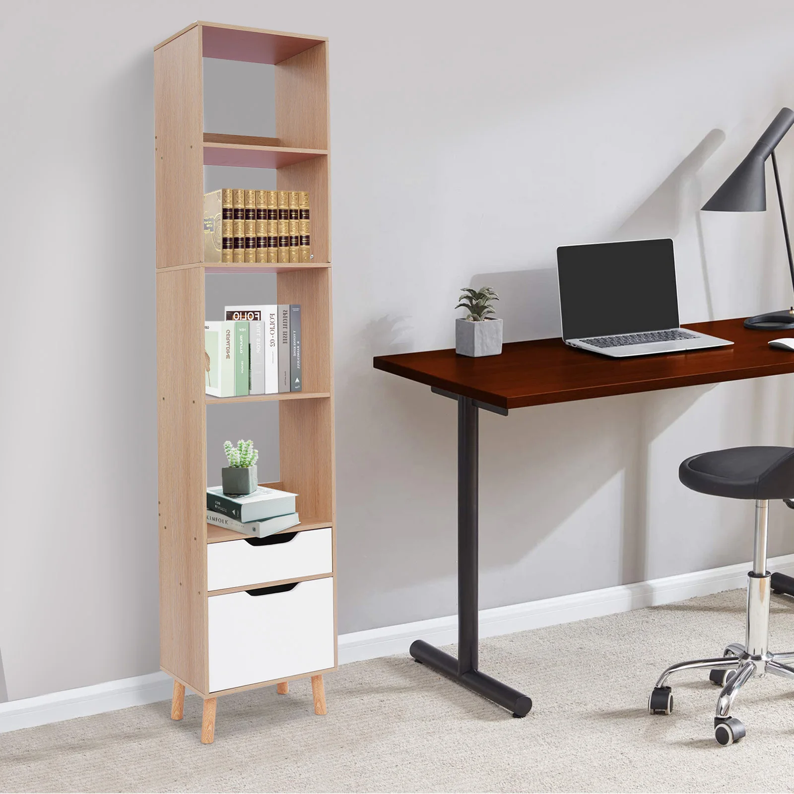 Estantería, estantería, organizador de almacenamiento, 15,8x9,5x70,9 pulgadas, estante de almacenamiento de pie con cajones