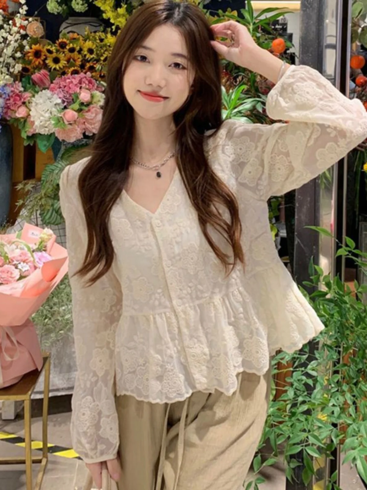 Ele V-Ne Long Sve irt Bellissimo top ingombrante in vita da donna Design all'inizio della primavera Camicetta delicata e di fascia alta