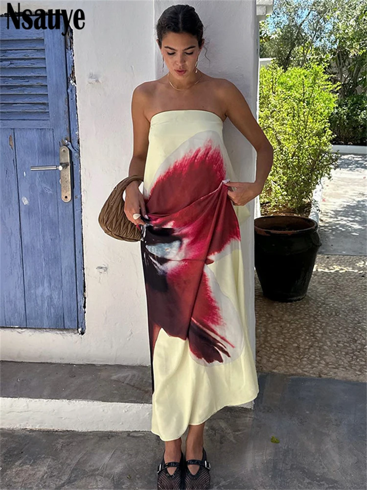 Nsauye New Fashion Summer Loose Print Strapless Backless High Waisted Dress Women Clothes 2024 Sexy Party Club Elegant Dresses