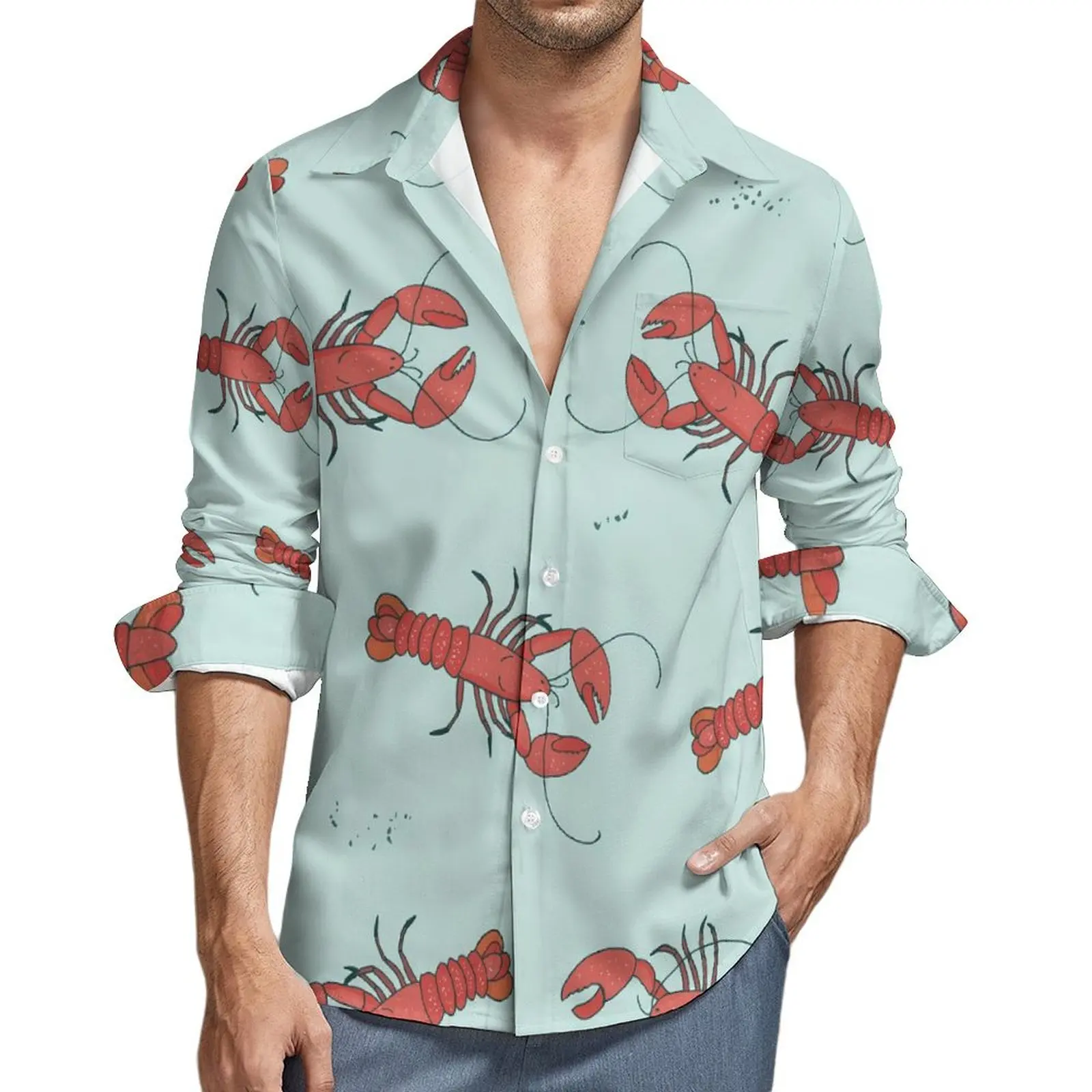 Lobster Print Shirt Autumn Sea Animals Casual Shirts Male Cool Blouse Long Sleeve Design Harajuku Clothes Big Size