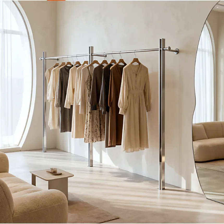 Clothing store display rack, high-end women's clothing store on the wall, Korean-style hanger, stainless steel brushed