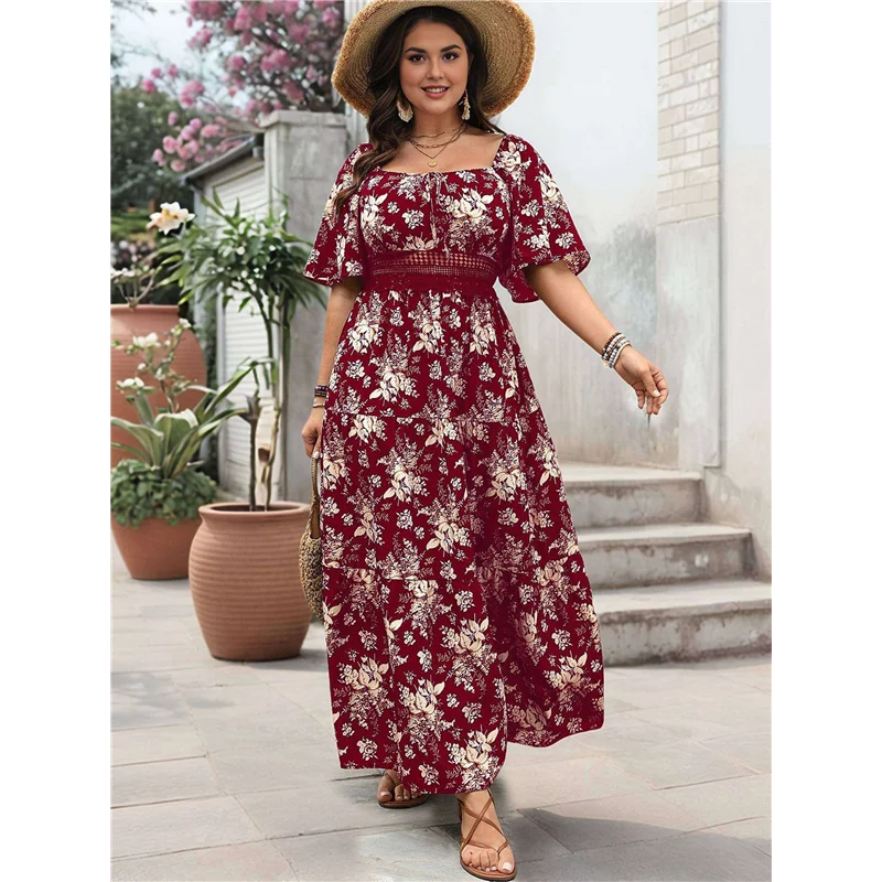 【SEE】여성용 짧은 소매 꽃무늬 드레스 스퀘어 넥 레이스 컷아웃 아일렛 빈티지 Boho Maxi Long 2025