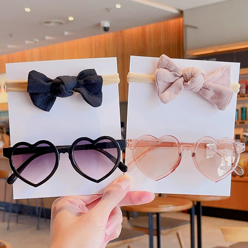 2 Pcs/Set New Girls Lovely Solid Color Cotton Bowknot Hairband Heart Shape Outdoor Acrylic Sunglasses Set Kids Hair Accessories