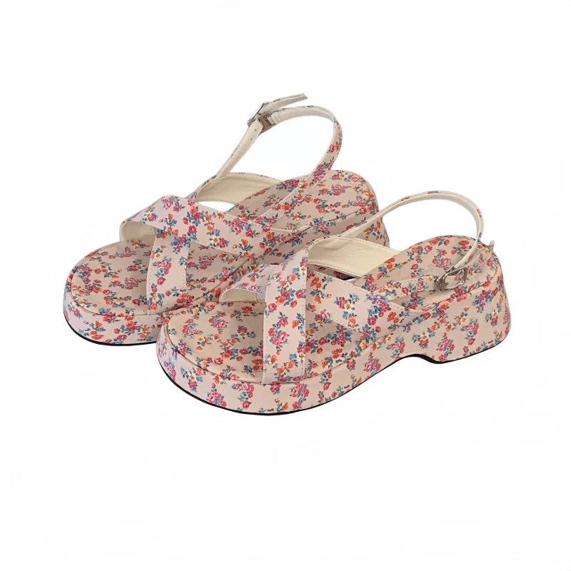 

6cm Chunky Heels Sandals Pink Small Floral Print Wedges Heels For Woman Platform Shoes Beige Belt Cross Summer Fashion Shoes