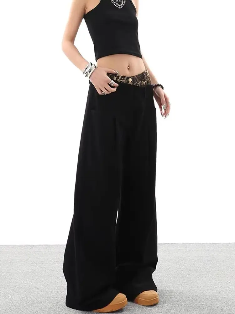 Pantalones vaqueros negros con parches y estampado de leopardo para mujer, pantalones vaqueros de pierna ancha con doble cintura Retro americana, ropa de calle informal holgada a la moda