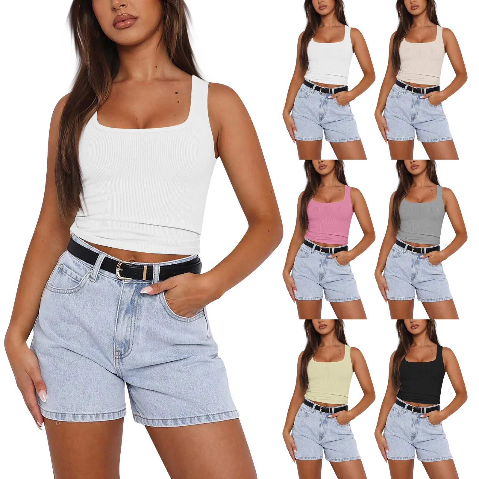 Summer New Sleeveless Waffle Elegant Women's Vest Solid Color Sexy Waist Tank Top Casual Tethered Shorts Female's Camisole Vest