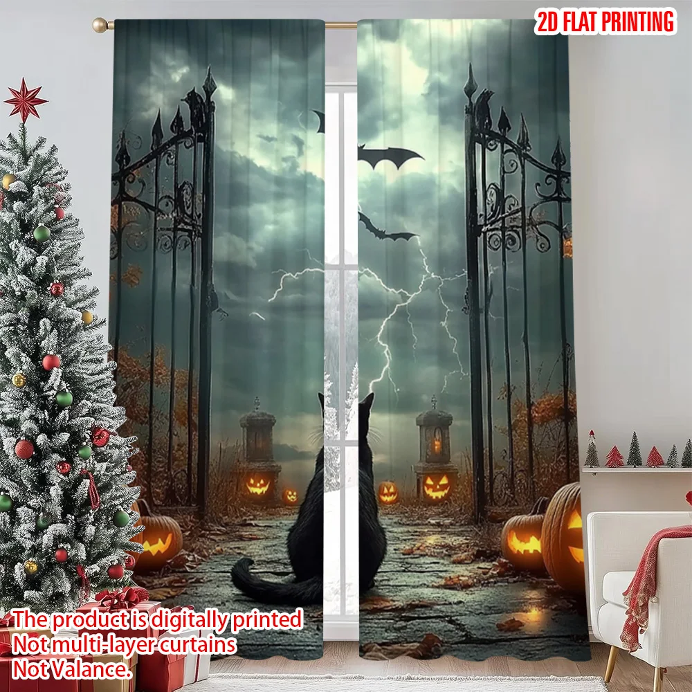 

2pcs 2D flat printing Merry Christmas Popular Window Curtains Black cats_ bats Durable 100% Polyester Fabric Without Electricity