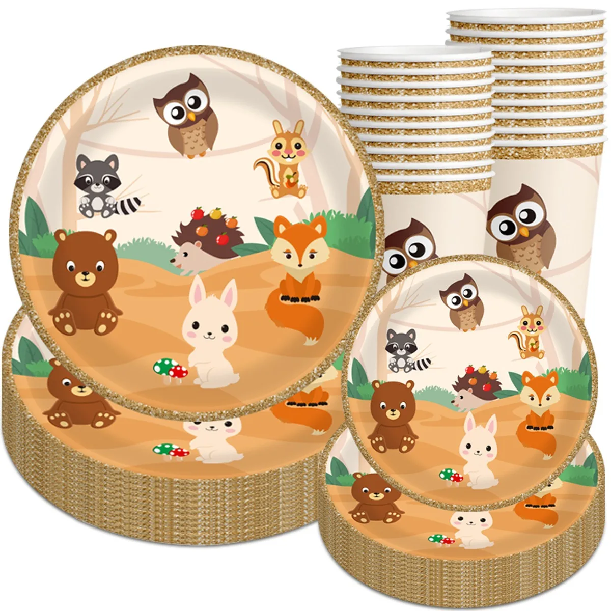 Jungle Animal Party Disposable Tableware Cartoon Bear Hedgehog Fox Paper Plates Kids Happy 1st 2nd 3rd Birthday Party Decor