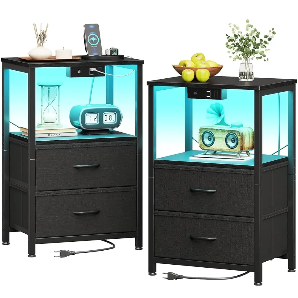 

Nightstand Set Of 2 With Charger Station — Usb Ports & Outlet, Bed Sidetable With Led Lights, End Table With Fabric Drawers And