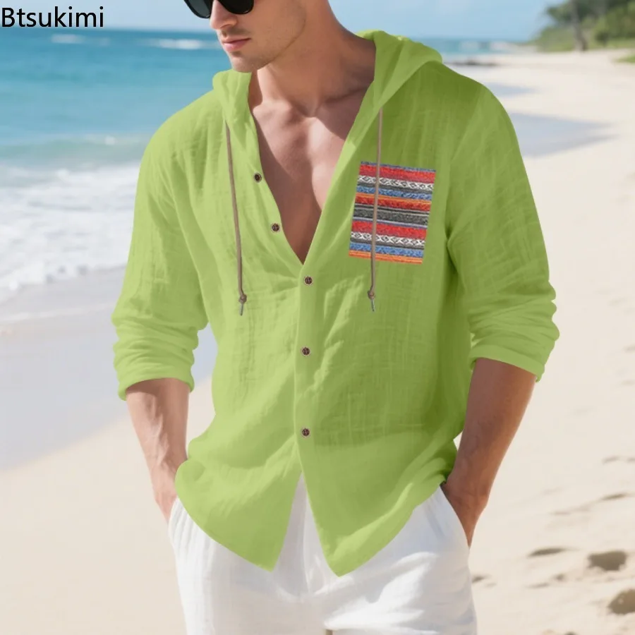 2026 New Men's Fifteen Colors Solid Color Linen Loose Shirt Spring and Autumn Men's Hawaiian Casual Long Sleeve Hooded Cardigan