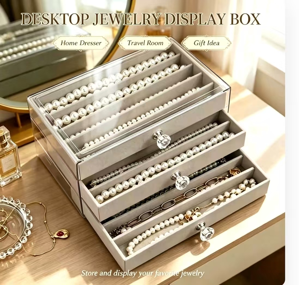  3-Layer Drawer Jewelry Box With Transparent Lid, Desktop Necklace Earring Display Storage Organizer, 1Pc 