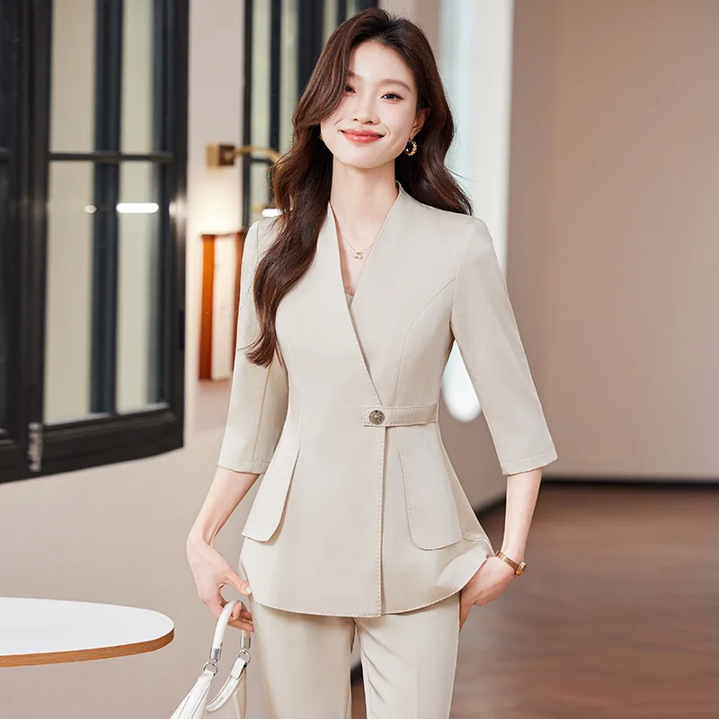 Champagne Color Elegant Blazer for Women, Summer Thin Style, Three-Quarter Sleeve, High-End Professional Wear, Formal Beauty Sal