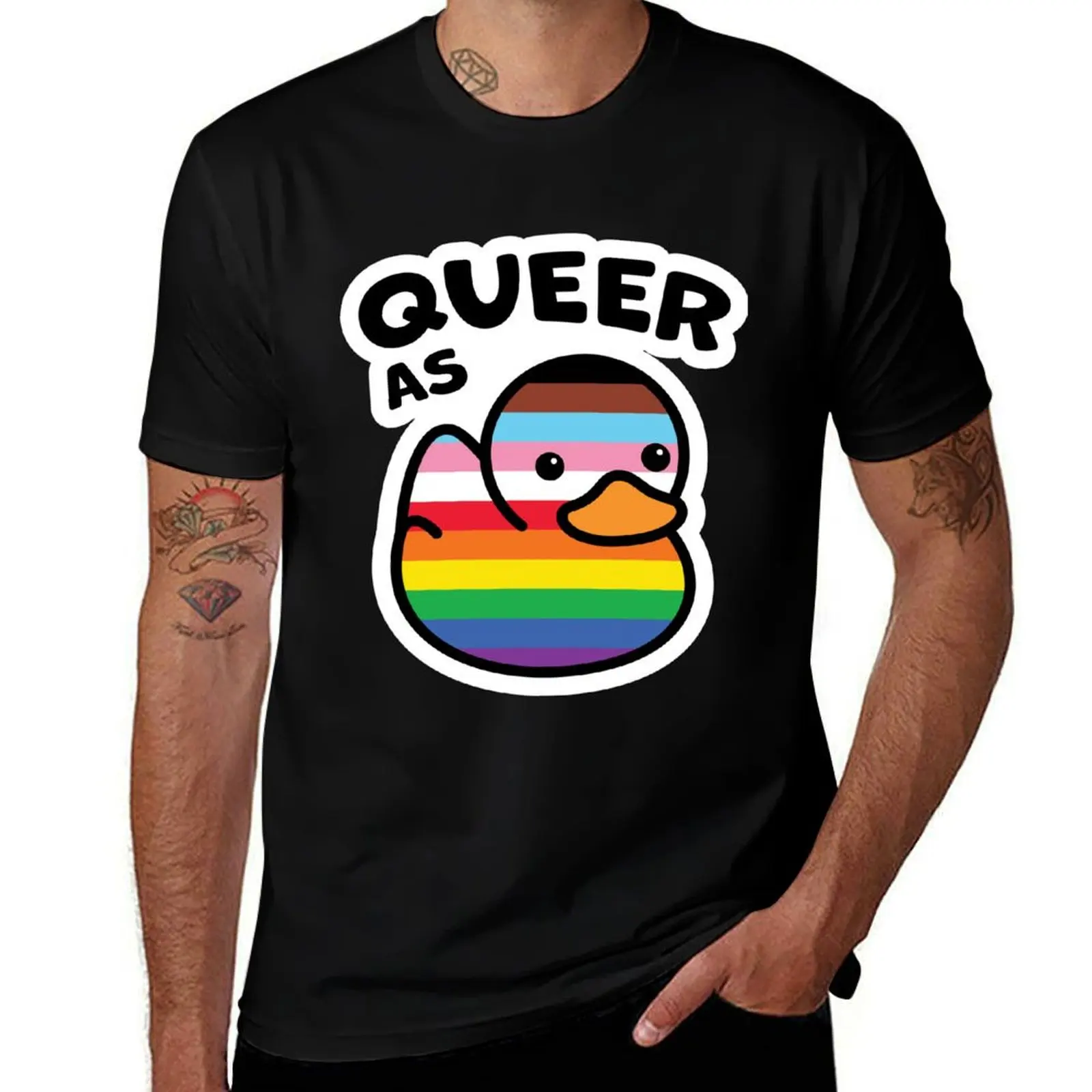 Queer As Duck Rainbow Progress Pride Rubber Ducky T-Shirt Plus Size Loose Fit T-Shirt