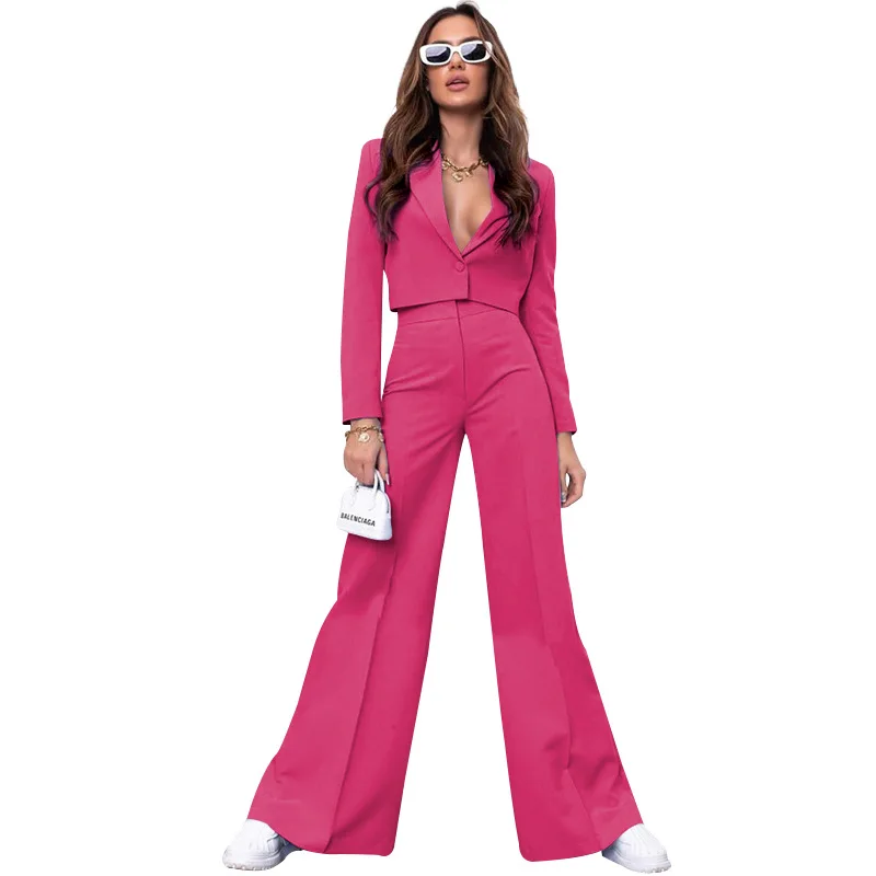 Women\'s Pant Suits European and American Trend Solid Color Short Long Sleeve Small Suit Fashion High Waist Wide Leg Pants Suit