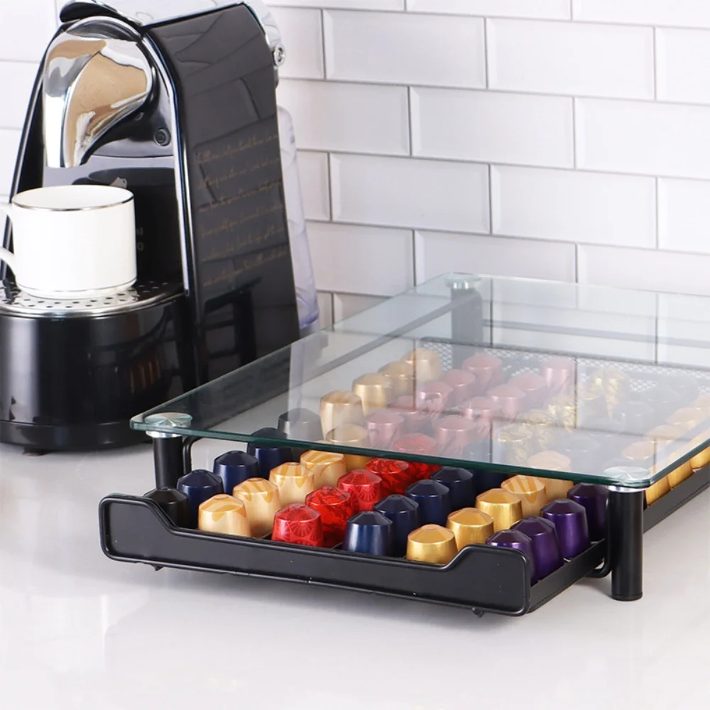 60 Nespresso Capsule Holder Drawer Capsule Coffee Storage Rack with Glass Tray and Non-slip Feet Coffee Machine Stand