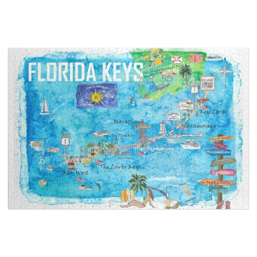 

Florida Keys Key West Marathon Key Largo Illustrated Travel Poster Favorite Map 2nd Signpost Edition Jigsaw Puzzle