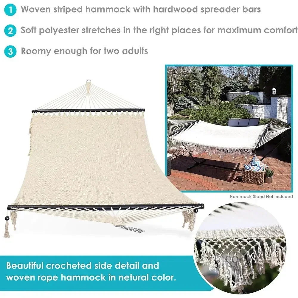 600-Pound Capacity Double Hammock with Crocheted Edges and Spreader Bars for Outdoor or Tree Use