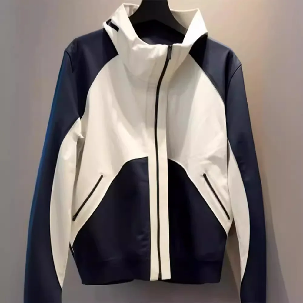 Women Hardshell Jacket Casual Short Coats Color Blocked Hooded Long Sleeves Zippper Loose Fit Office Lady 2025 Spring Autumn