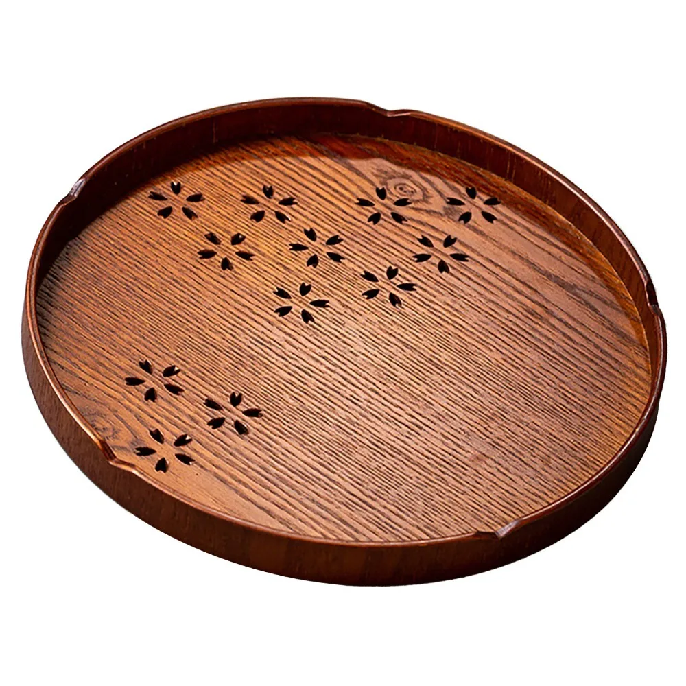 Round Shape Tea Serving Tray Wooden Material Smooth Surface Round Tea Tray 27cm Diameter Cutout Design Wooden Serving Plate