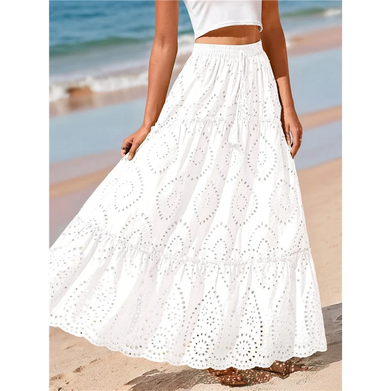 ABRT-Women's Boho Casual Summer 2025 Lace Embroidery Eyelet Elastic Waist Flowy Tiered A-Line Beach Maxi Skirt