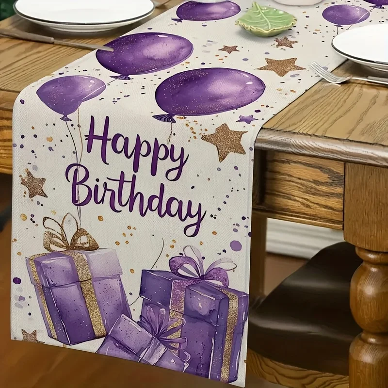 Linen Birthday Happy Tablecloth - Purple Balloon And Gift Box Design, Home Festival Party Decoration, Birthday Party Decoration