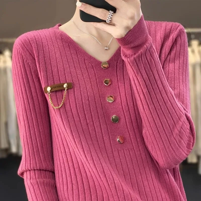 

Autumn Winter New Women Pullover Sweater Female V-neck Five Grain Buckle Loose Fit Knitwear Long Sleeved Knitwear Pullovers Knit