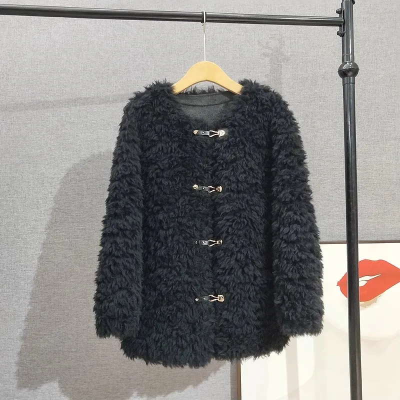 Femminile di media lunghezza girocollo fibbia in pelle vera pelliccia di agnello capelli donne capelli ricci Shearling Shearling giacca calda PT420