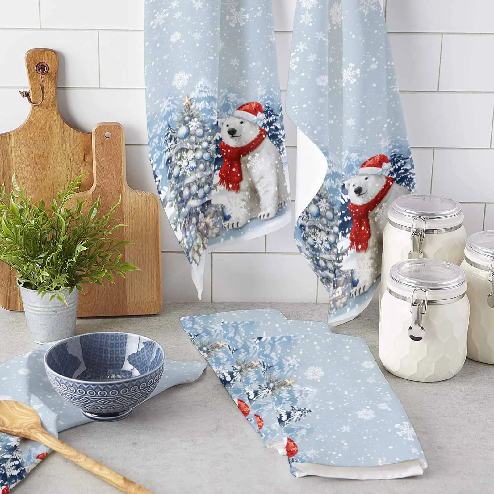 Christmas Snowflakes Retro Koala Printed Tea Hand Towel Kitchen Dishcloth Water Absorption Household Cleaning Cloth