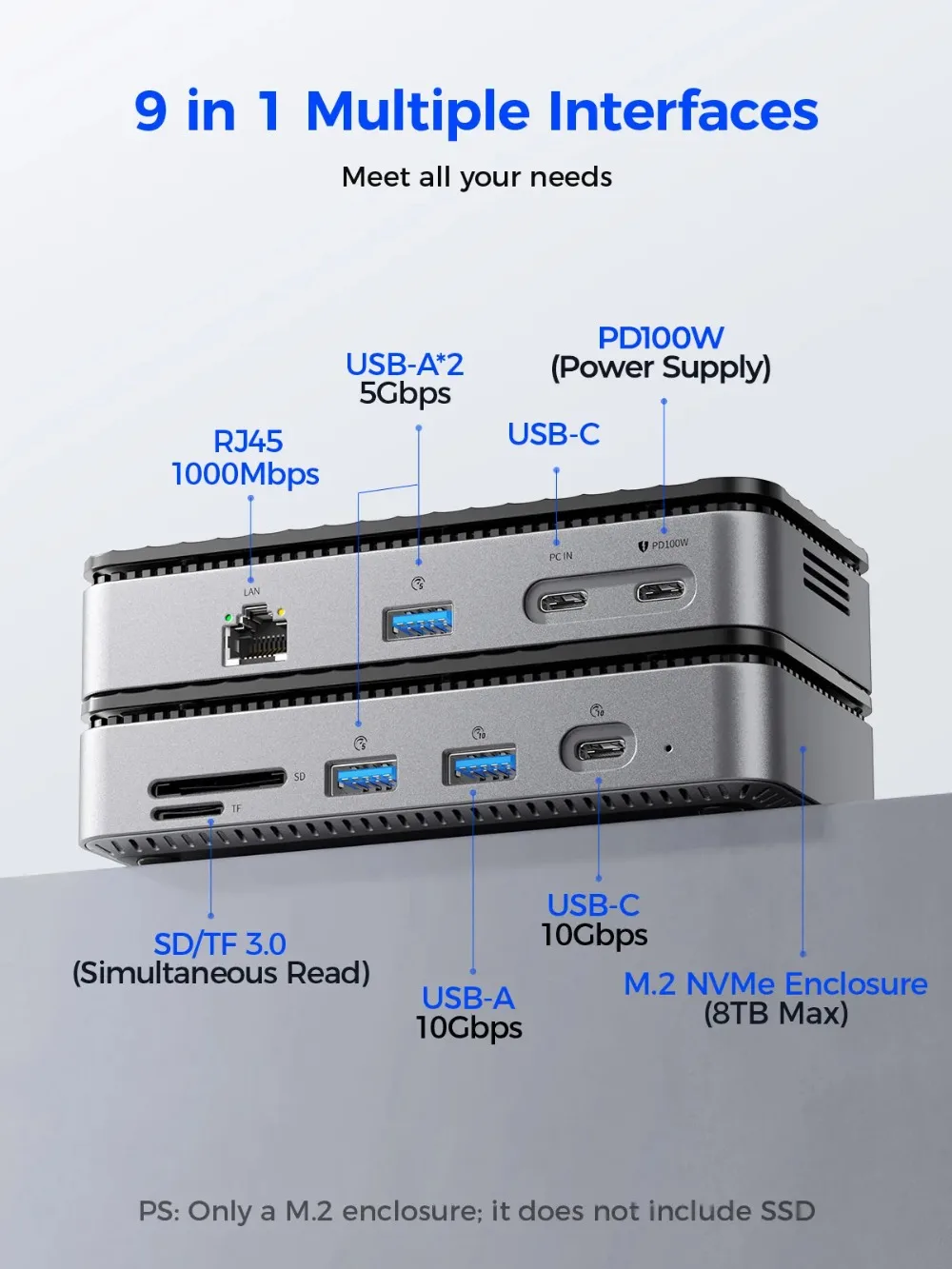 ORICO M.2 NVMe SSD Enclosure with 9-in-1 USB C HUB 10Gbps External RJ45 SD Docking Station with Cooling Fan for Laptop MacBook