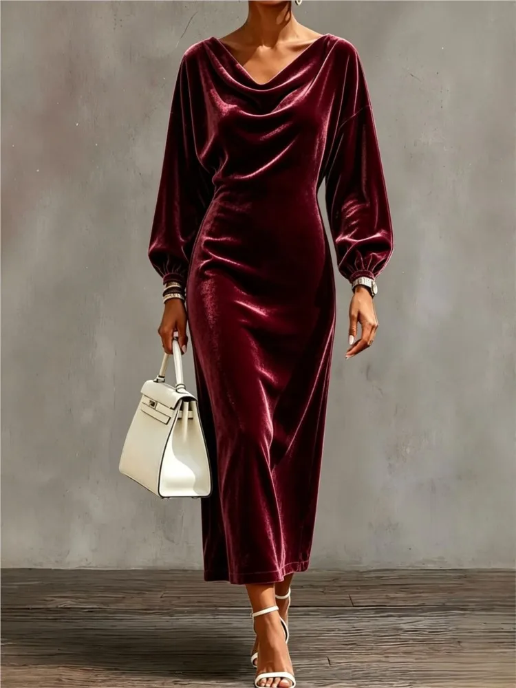 Damen Einfarbiges Midikleid Herbst Winter Mode Neuer Swing-Kragen Laternenärmel Schlankes Elegantes Party-Abendkleid Formelles Kleid