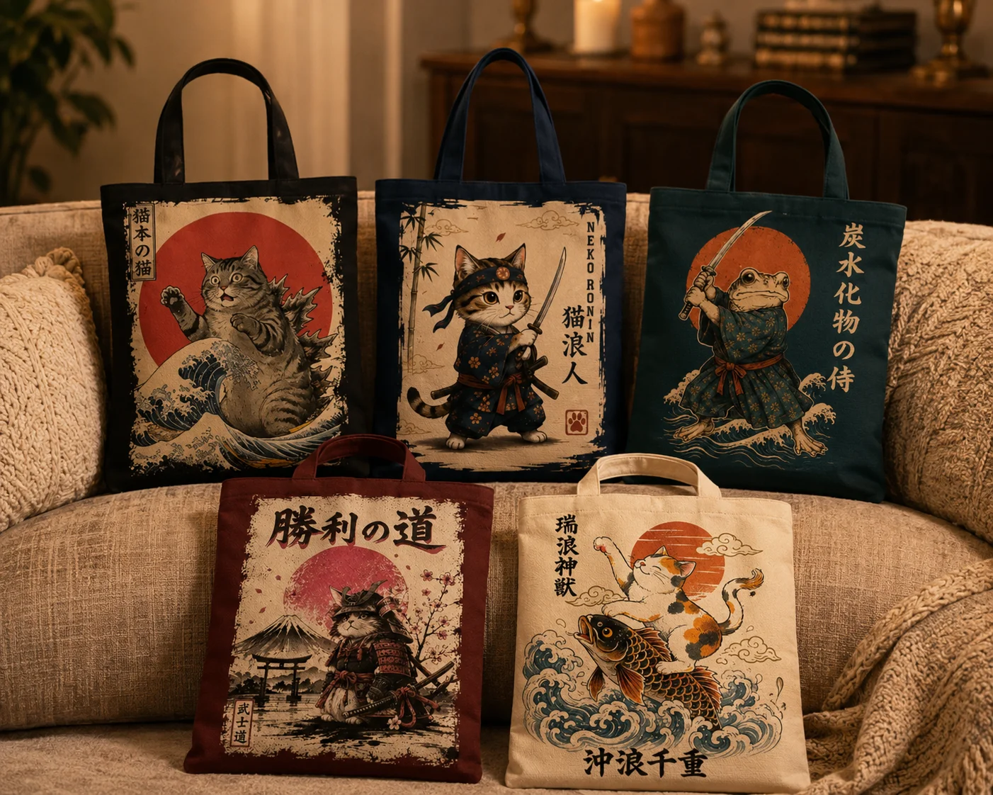 Vintage Japanese Ukiyo‑e Samurai Animal Tote Bag,Y2K Reusable Shoulder Handbag For Daily Shopping Travel Unique Gift Idea