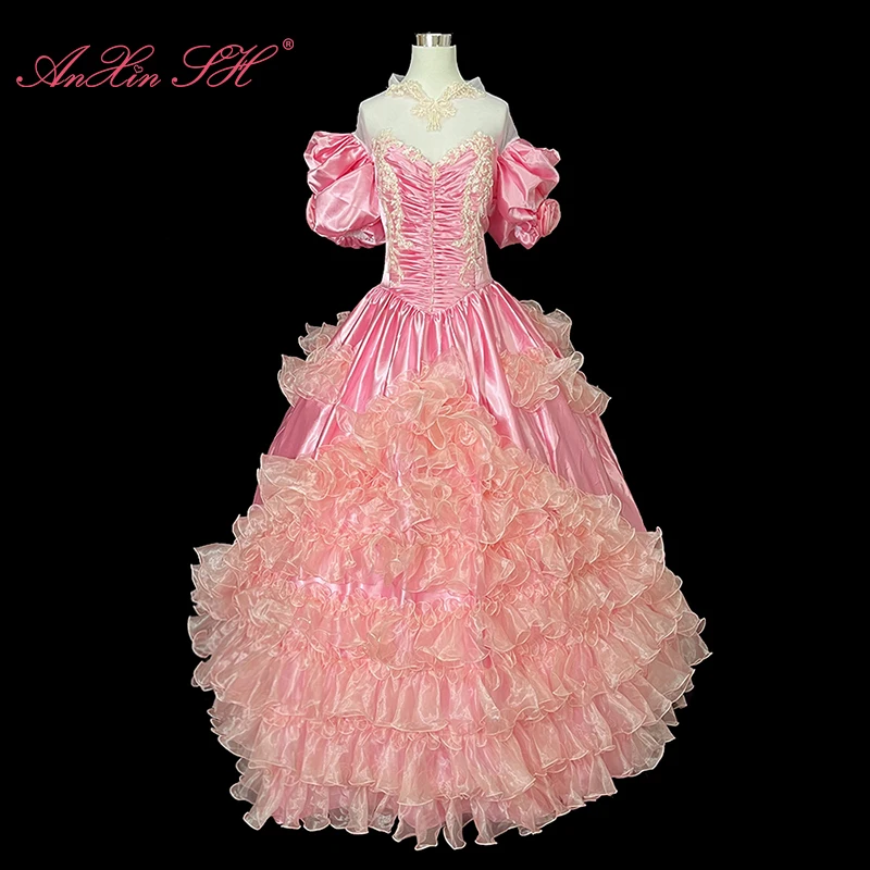 AnXin SH vintage rosa raso volant pizzo principessa o collo perline perle fiore rosa manica a sbuffo lace up abito da sposa antico