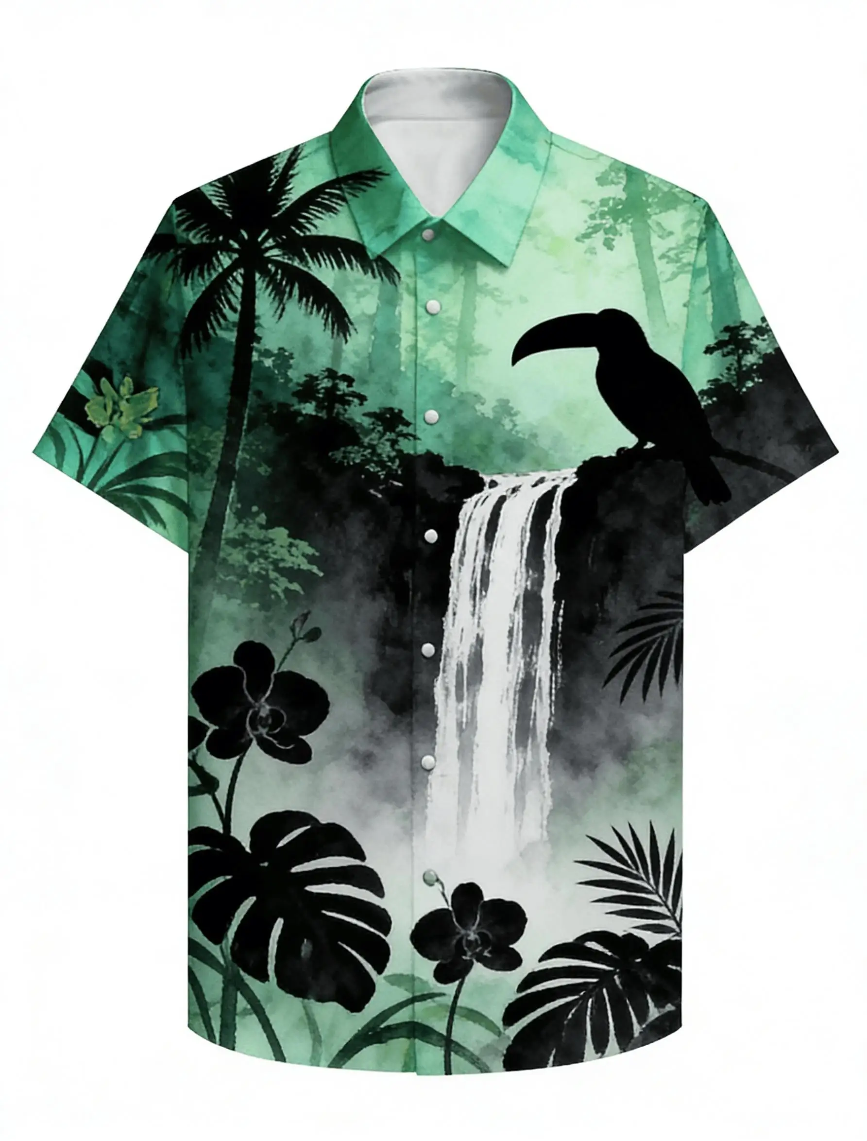 

Men's Summer Casual Shirt, Watercolor Rainforest with Toucan & Waterfall, Turn-Down Collar Top for Beach & Vacation