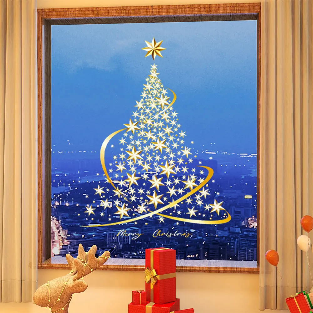 1Pc Golden Christmas Tree Window Clings Stickers for Glass DIY Static Wall Window Door Mural Showcase Decal Sticker Home Decor