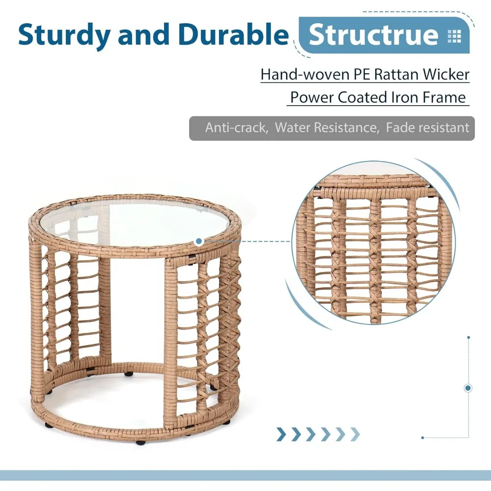 Outdoor Wicker Side Table, All-Weather Patio Rattan End Table with Glass Top, Round Coffee Table for Indoor Outdoor