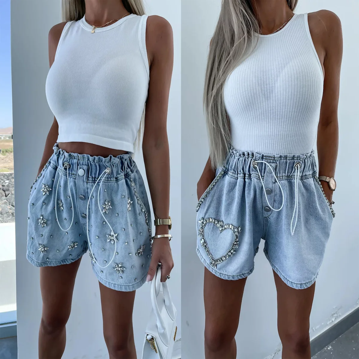 Y2K 2023 Sommer Neue Casual Fashion Cargo-Shorts Temperament Pendeln Strass Herz Muster Kordelzug Trend Denim Shorts