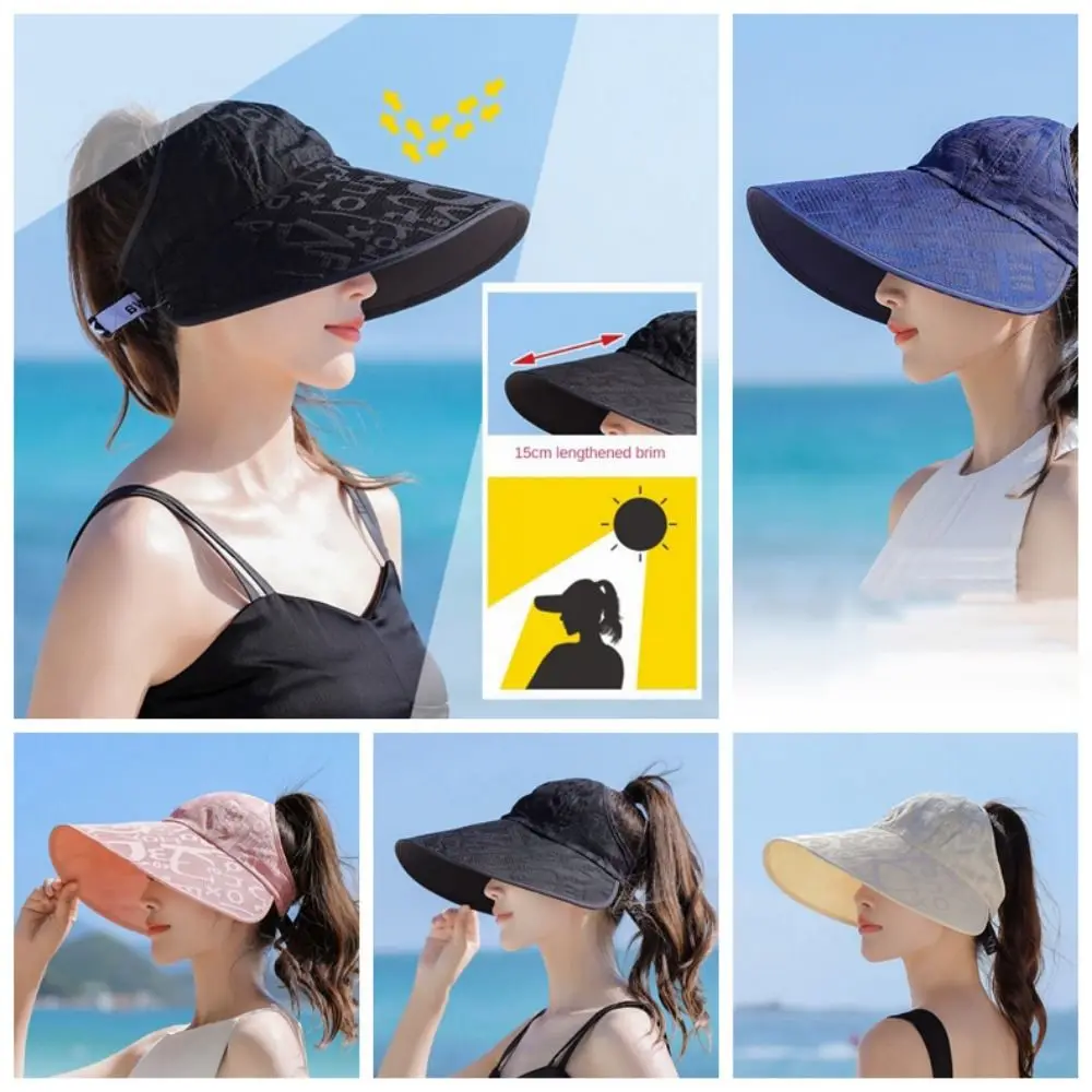 Stylish Letter Large Brim Sun Hat UV Protection Removable UV Protection Hat Stripes Breathable Summer Panama Hat Women