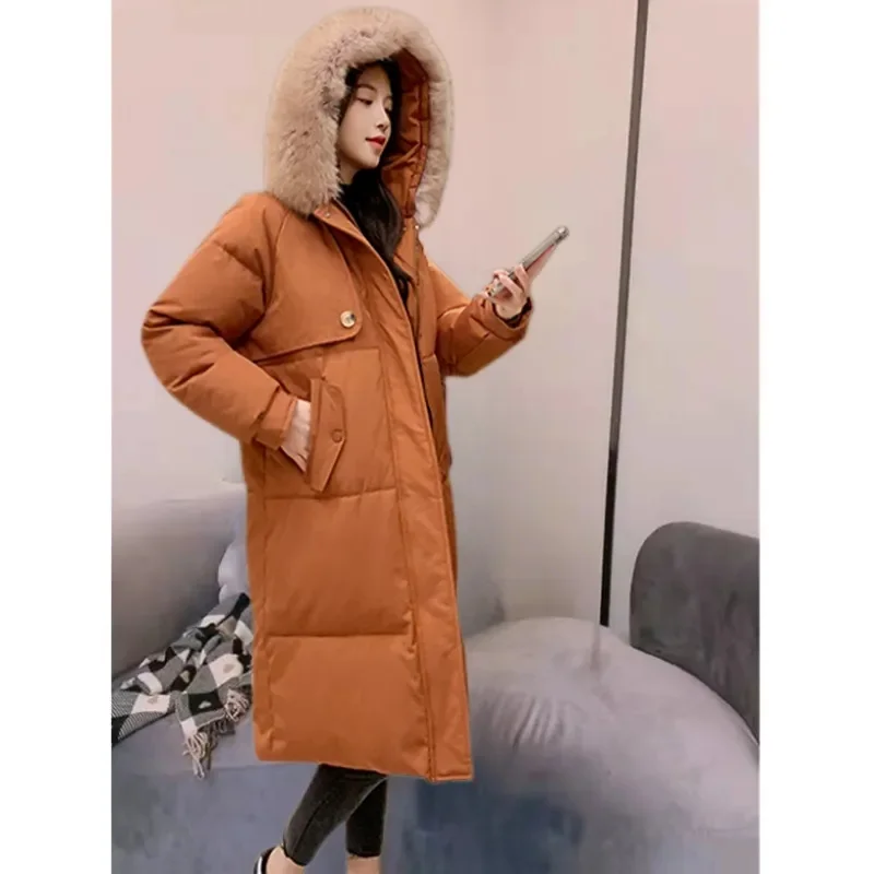 

2025 Winter New Down Cotton Parkas Jacket Women's X-Long Faux Fur Collar Padded Jacket Thick Loose Large Size Padded Jacket