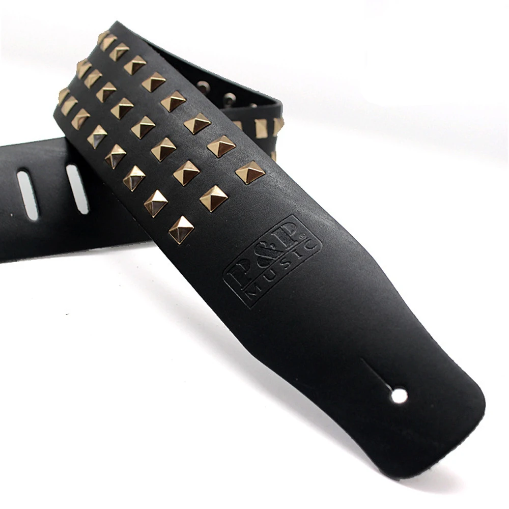 Leather Guitar Strap Black Personalized Riveted Widened Thickened Electric Guitar Bass Strap Accessories