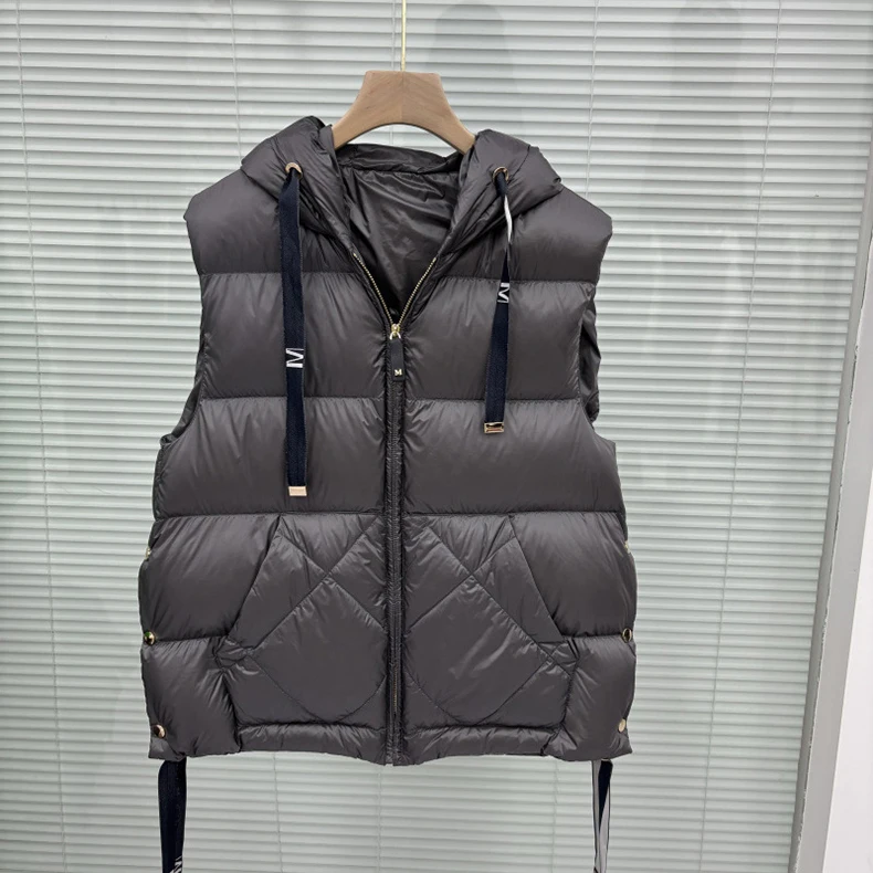 Schinteon Women 90% White Duck Down Vest with Hood Casual Sleeveless Jacket Simple Solid Color Fashionable Autumn Winter Top New