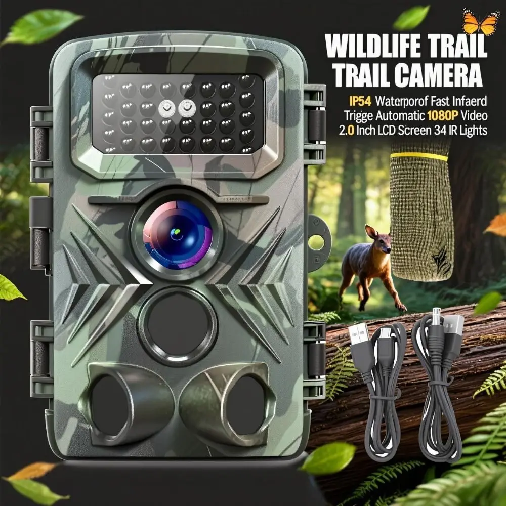 IP54 Waterproof Infrared Wildlife Trail Camera Automatic 1080P Video Wildlife Night Vision Photo Trap 34 IR Lights with Straps