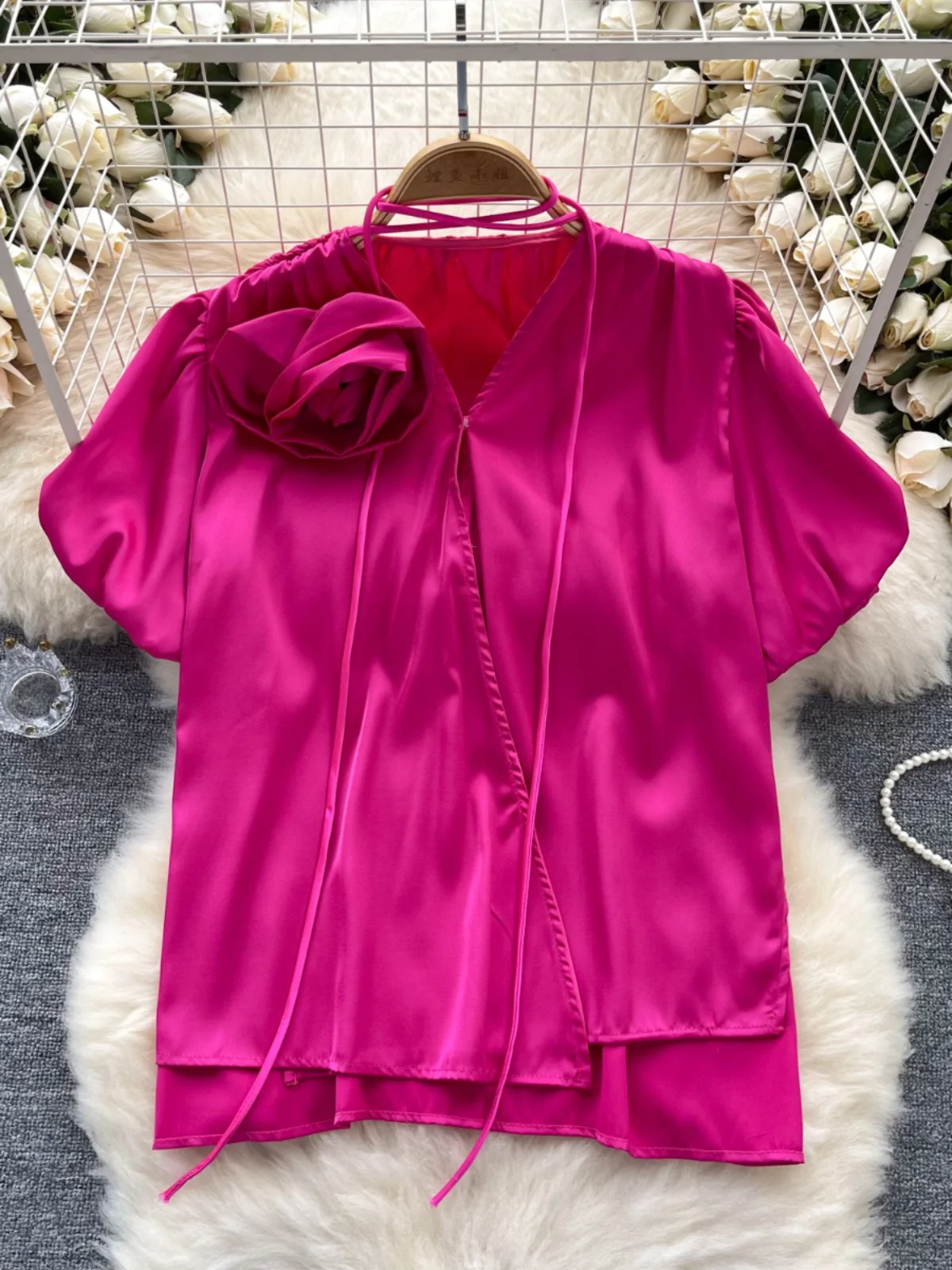 Elegant Satin Bubble Sleeve Shirt Women's Fashion Floral 3D Print Chiffon Draped Top Korean Style Casual Business Office Wear