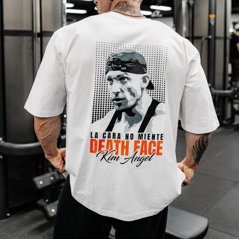 AGONGYM Men's Cotton T-shirt Casual Short Sleeve Gym Fitness Running Shirts Crew Neck KIM ANGEL Death Face Bodybuilding Tee Tops