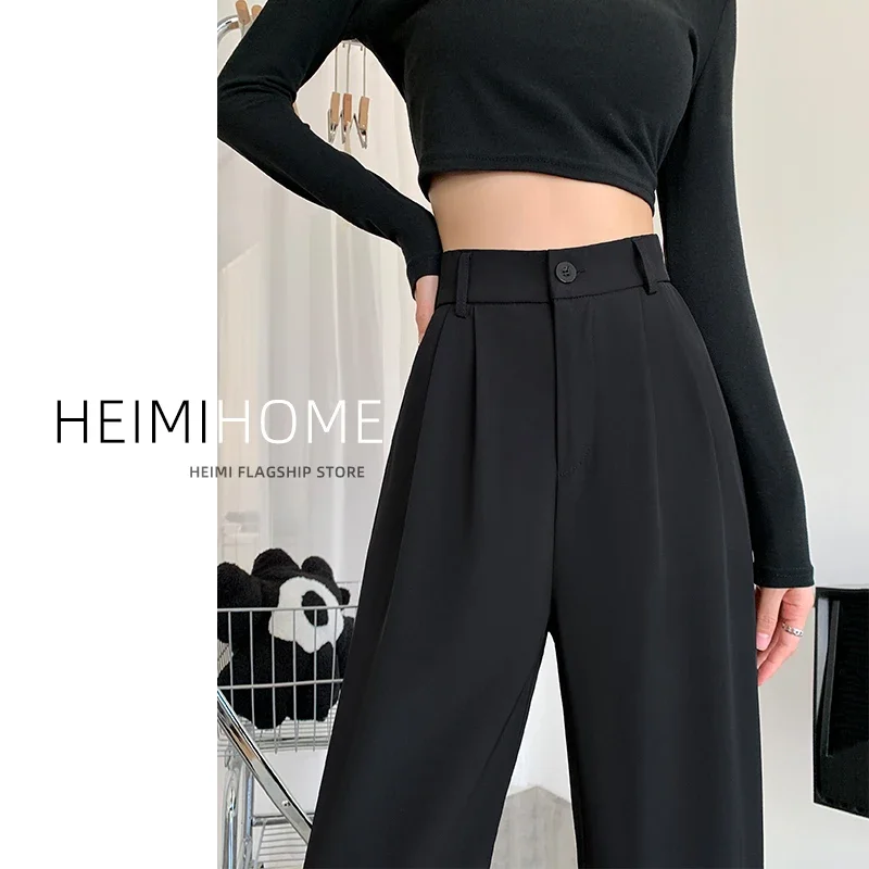 Women's Loose-Fit High-Waisted Black Pants Petite Size Draped Narrow Leg Suit Trousers Fashionable Spring Summer Autumn