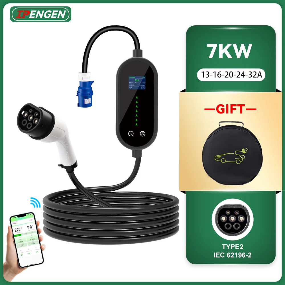 

IPENGEN 7KW Type2 Portable EV Charger 5M Cable 32A 1Phase EVSE Charging Adjustable Current EVSE Charger With APP Control
