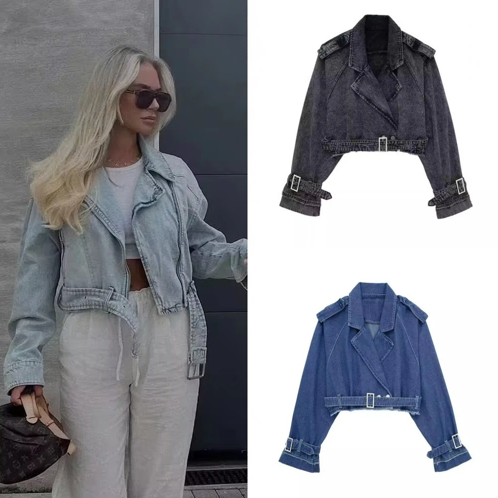 2024 Autumn Lapel Notched Collar Washing Blue Denim Jacket Vintage Women Hem Buckle Belt Draped Jean Coat Cool Outerwear 3 Color