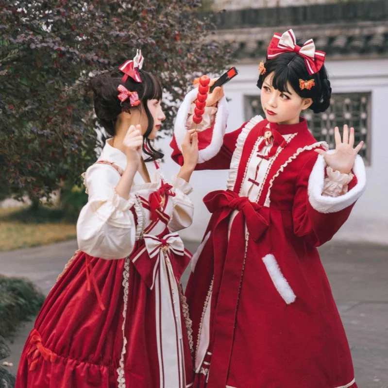 Nansheng Dream Chinese Style Lolita Long Sleeve Sister Dress Hanfu with Chinese Elements Lolita New Year Red Dresses