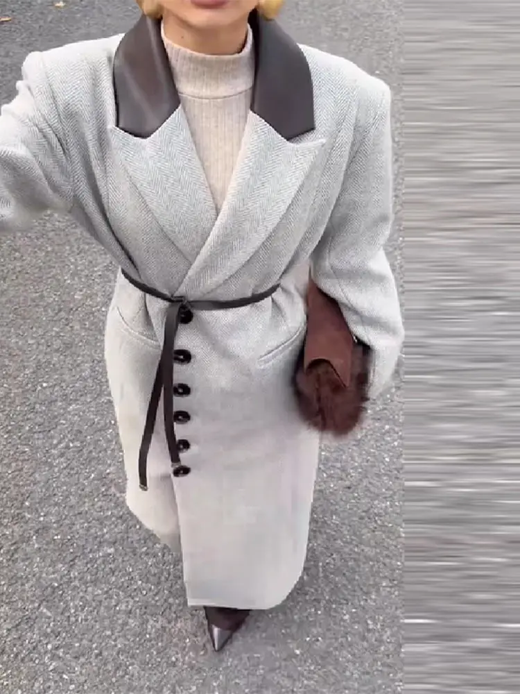 Moda cintura cinching casaco longo de lã para mulheres lapela manga longa casaco único breasted com cinto nova senhora commuter outwears