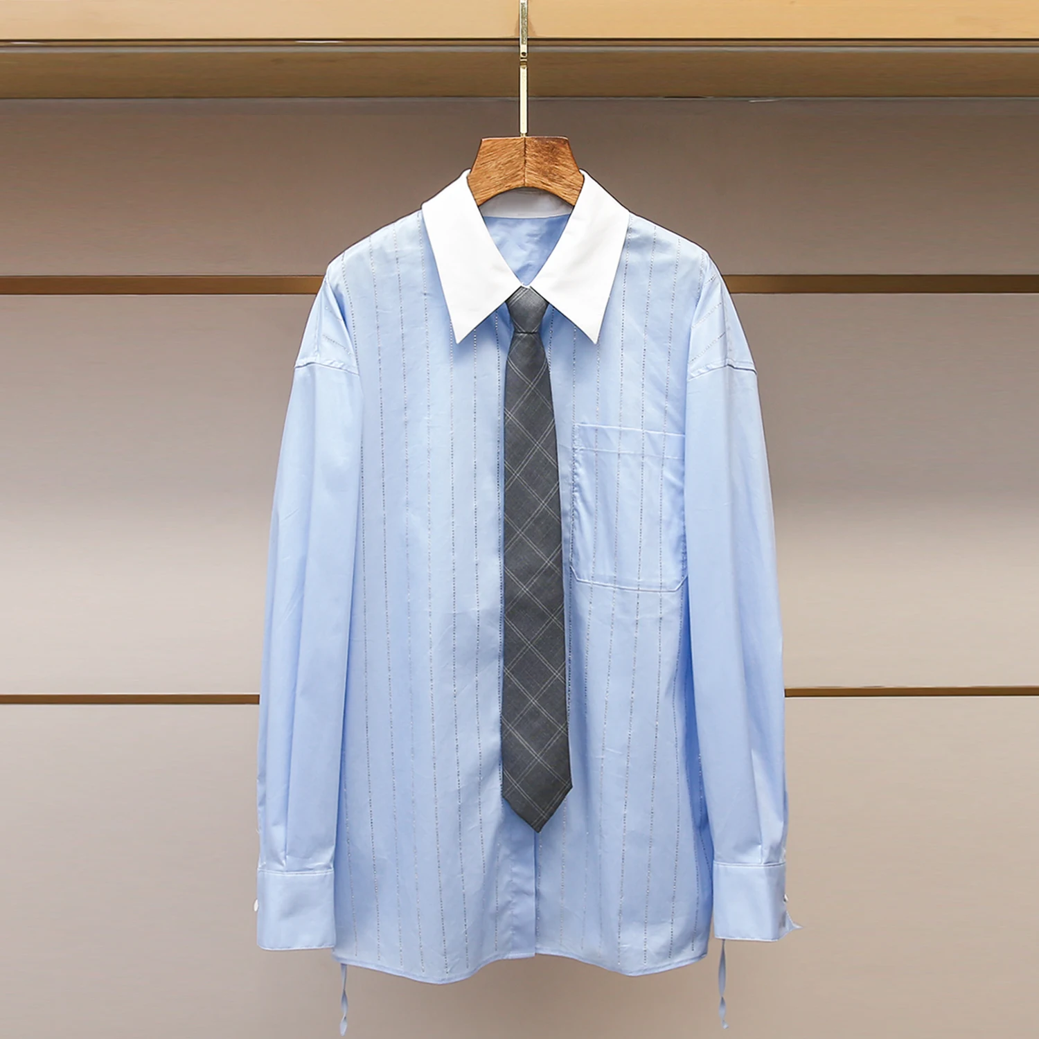 

iny Sequin Striped Thin Collar Women's irt Korean Sle Spring New Arrival Breathable Skin-Friendly Long Sve Blouse